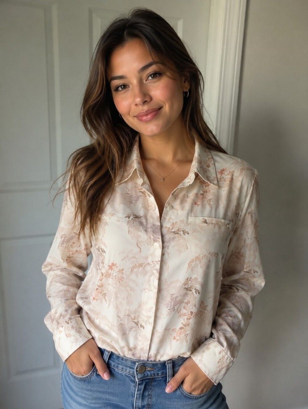 Alex Marie Floral Button-Down Blouse - Pale Pink/Cream Large